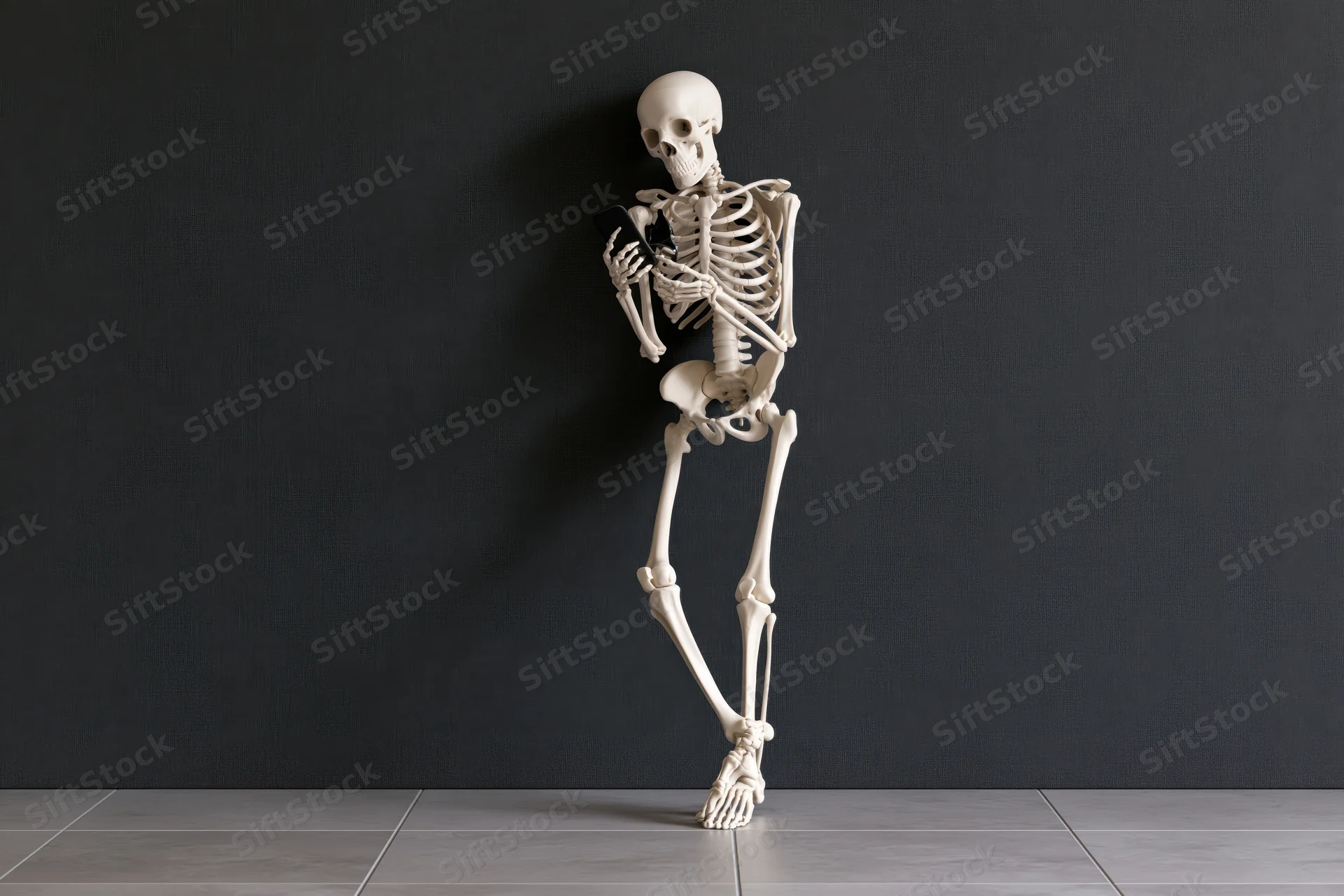 Anatomical skeleton model leaning against dark wall on tiled floor