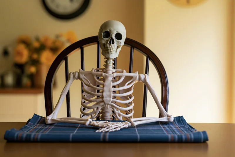 Plastic anatomical skeleton model seated upright at dining table in home interior