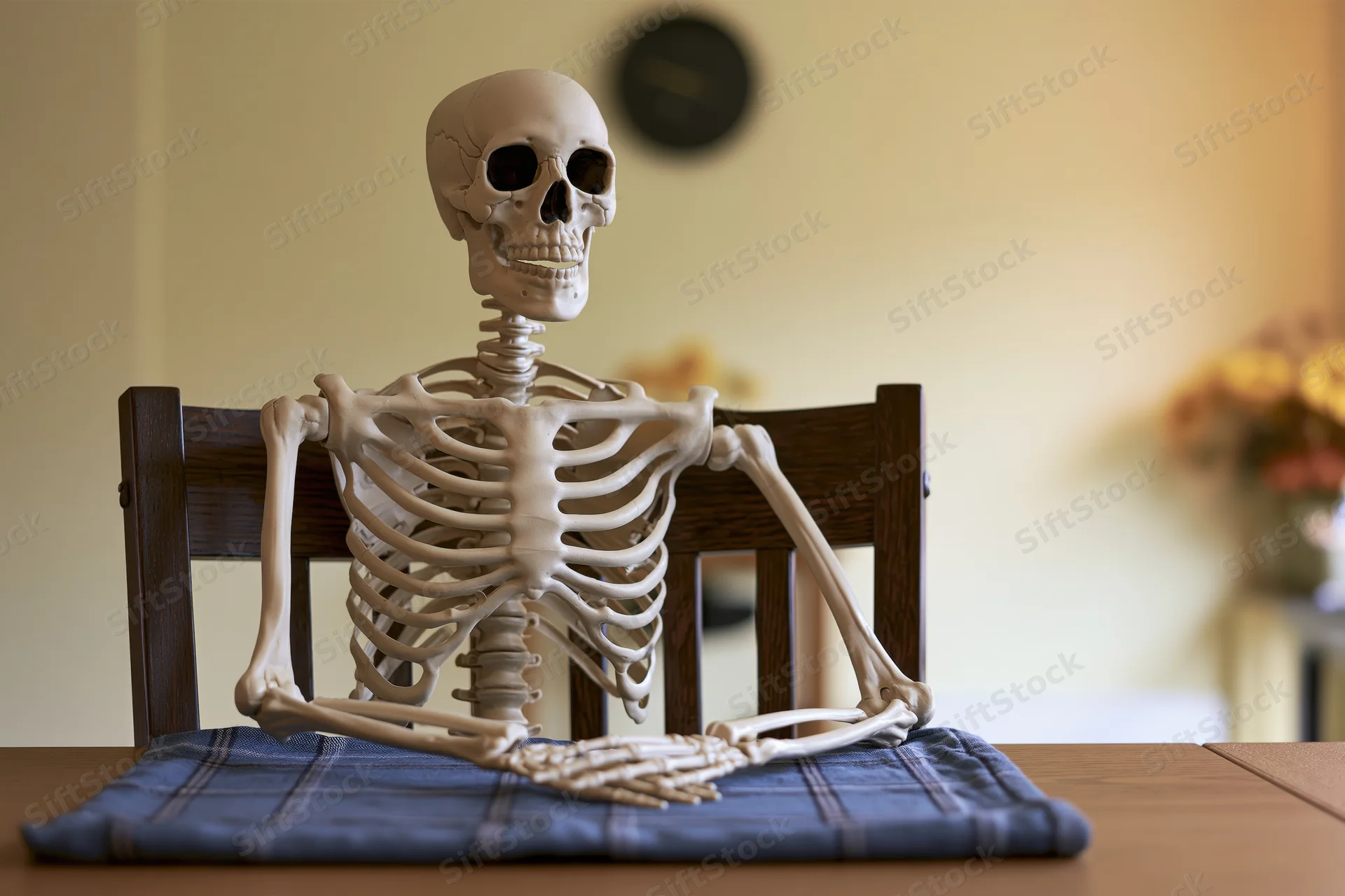 Plastic anatomical skeleton model seated upright at dining table on blue striped placemat