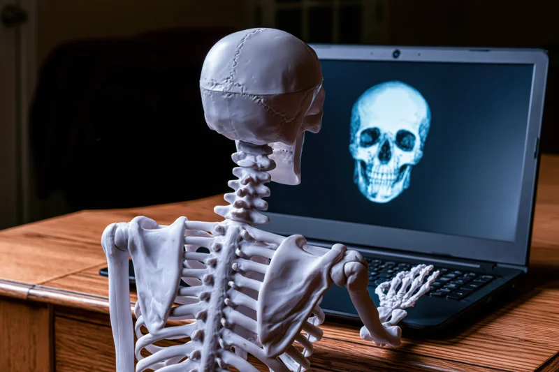 Plastic anatomy skeleton model sitting at wooden desk using laptop with skull xray on screen