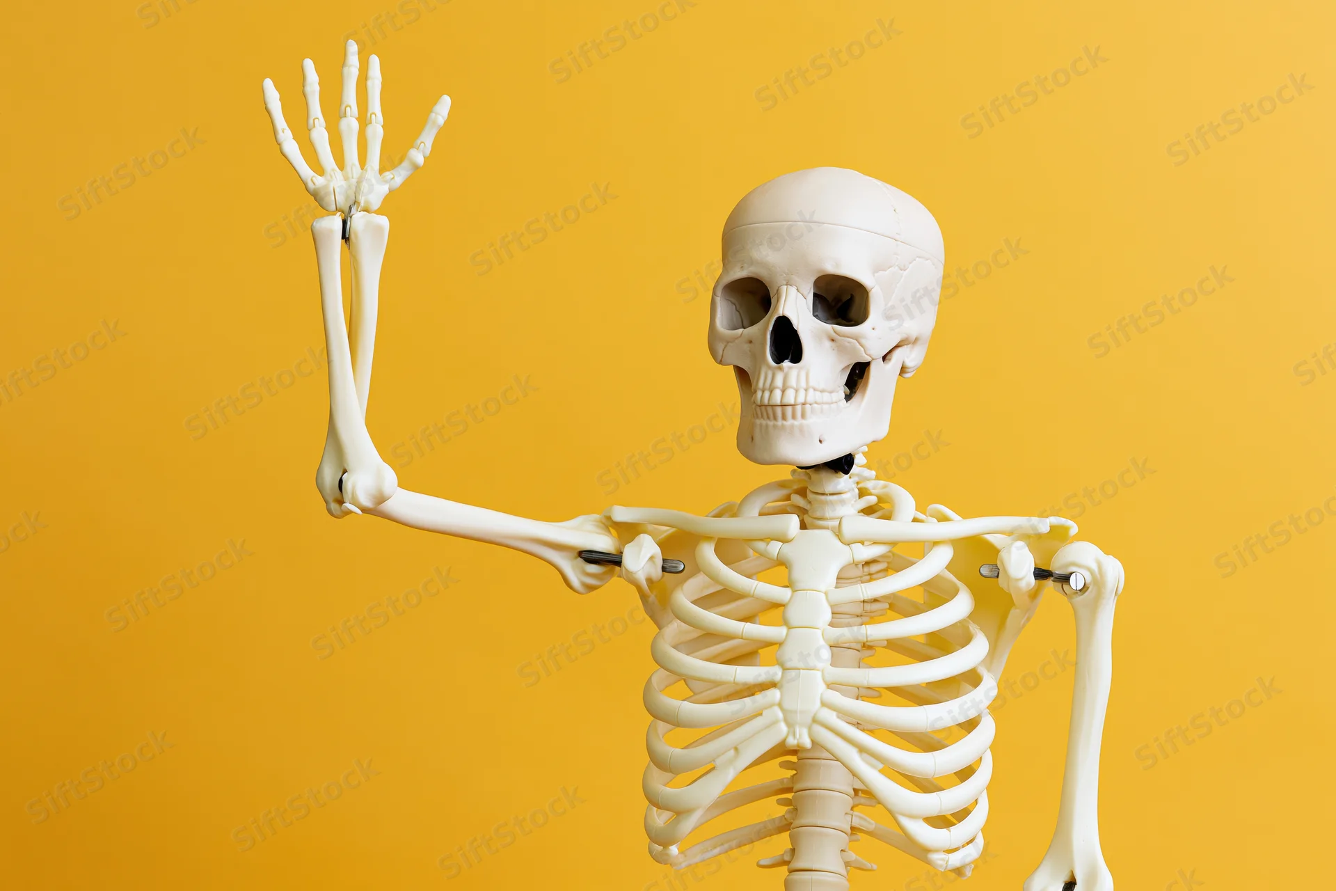 Plastic human skeleton model with one arm raised against yellow background
