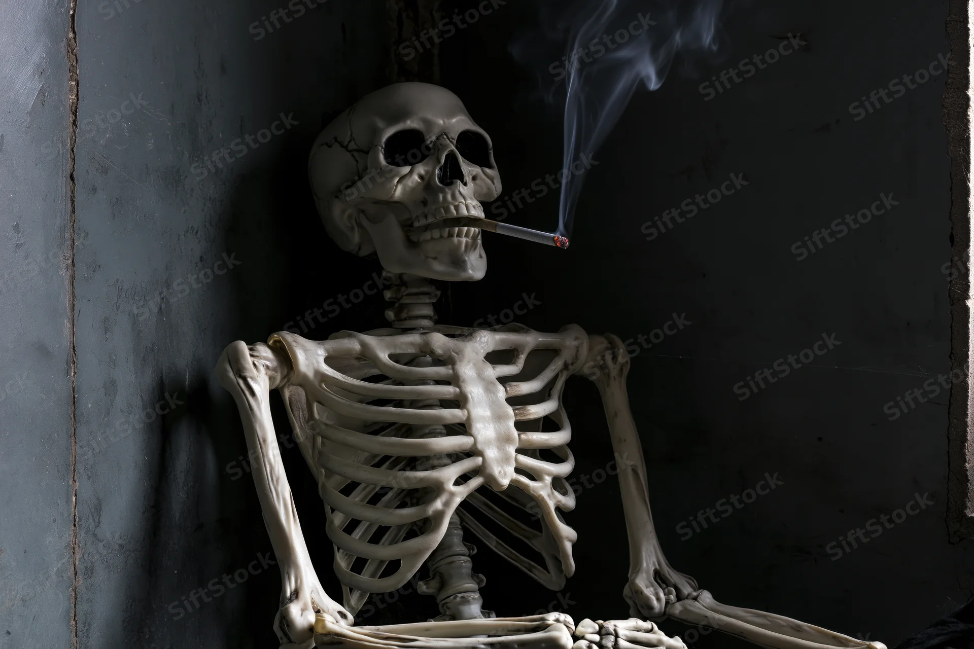 Plastic human skeleton prop smoking a cigarette against a dark textured wall