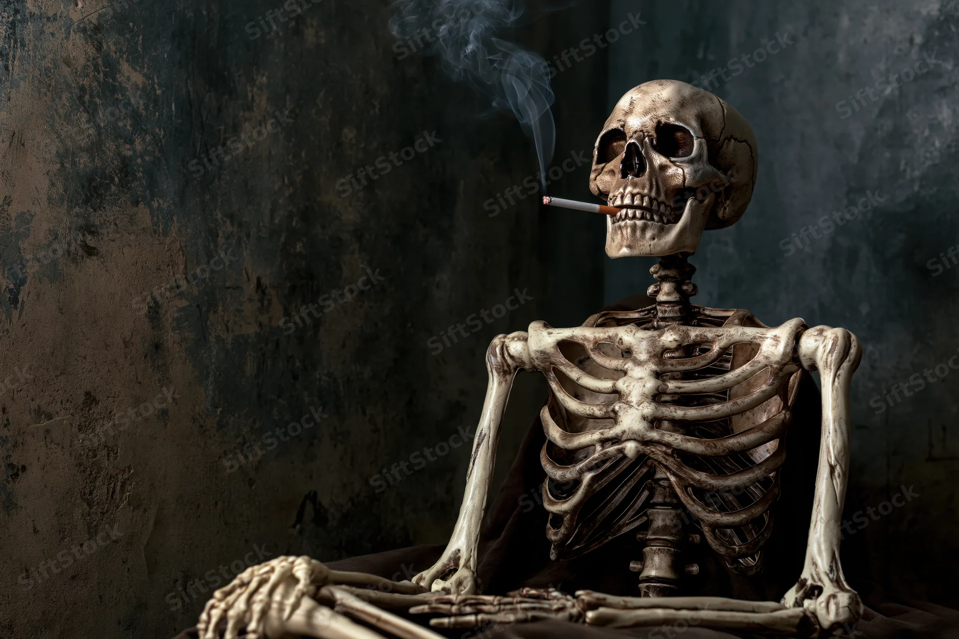 Human skeleton prop smoking a cigarette against a dark textured wall