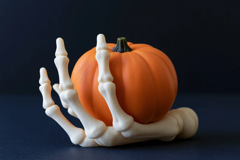 Plastic skeleton hand gripping a small orange pumpkin on a dark blue surface