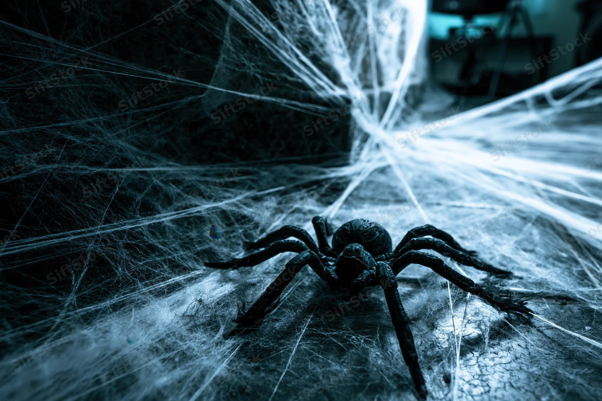 Plastic black spider toy resting on a web-covered floor in a dimly lit room