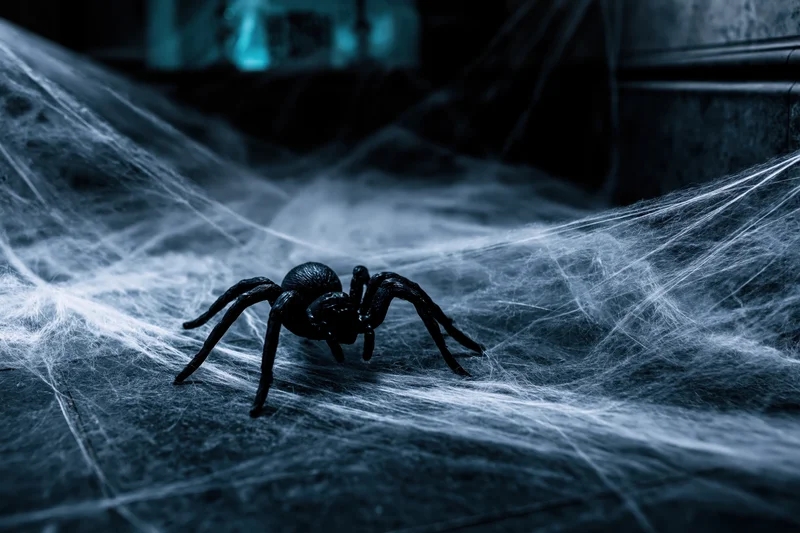 Black plastic toy spider resting on a cobweb-covered floor in a dimly lit indoor setting