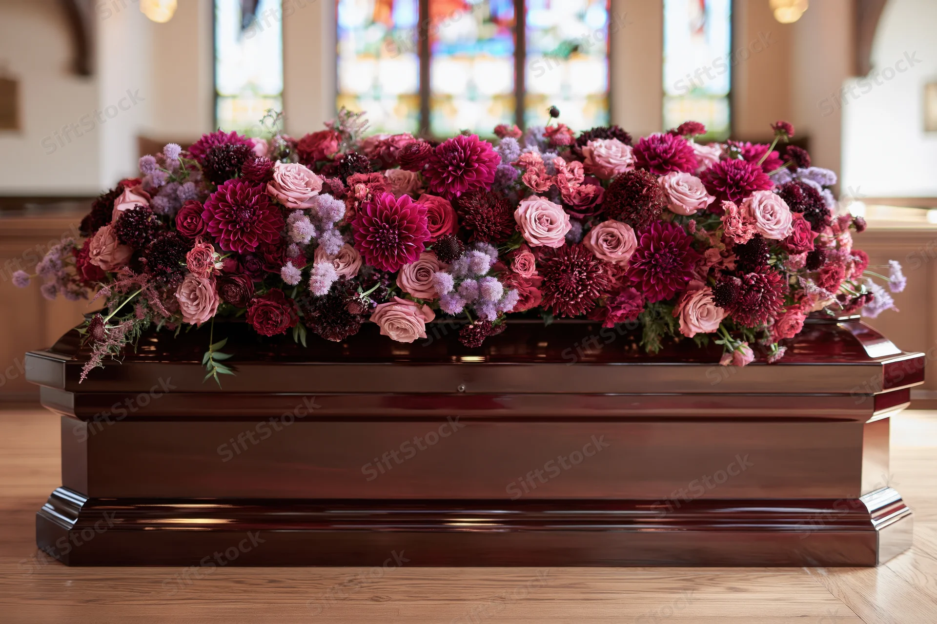 Polished mahogany casket adorned with floral arrangement in church interior