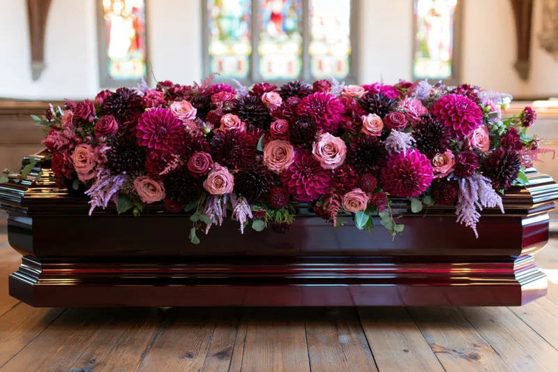Polished dark mahogany casket adorned with purple and pink floral arrangement in church interior