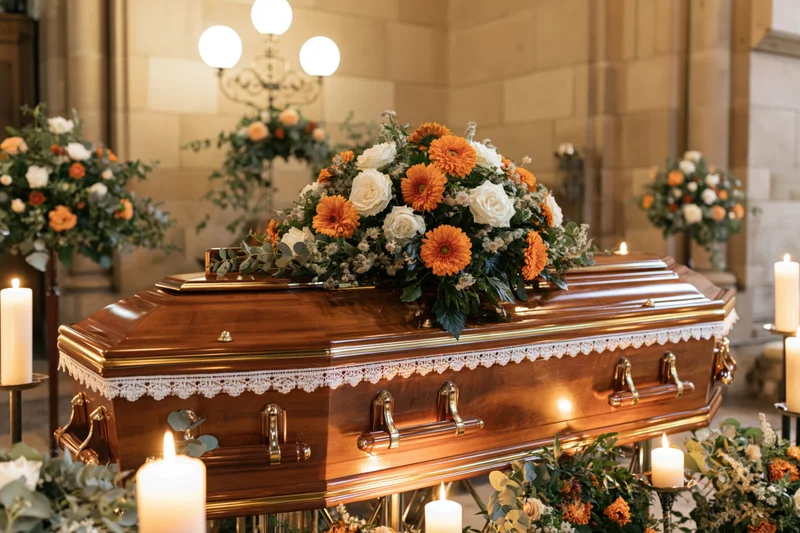 Polished wooden coffin with gold trim and white lace edging adorned with orange and white floral arrangement in a stone church interior surrounded by candles