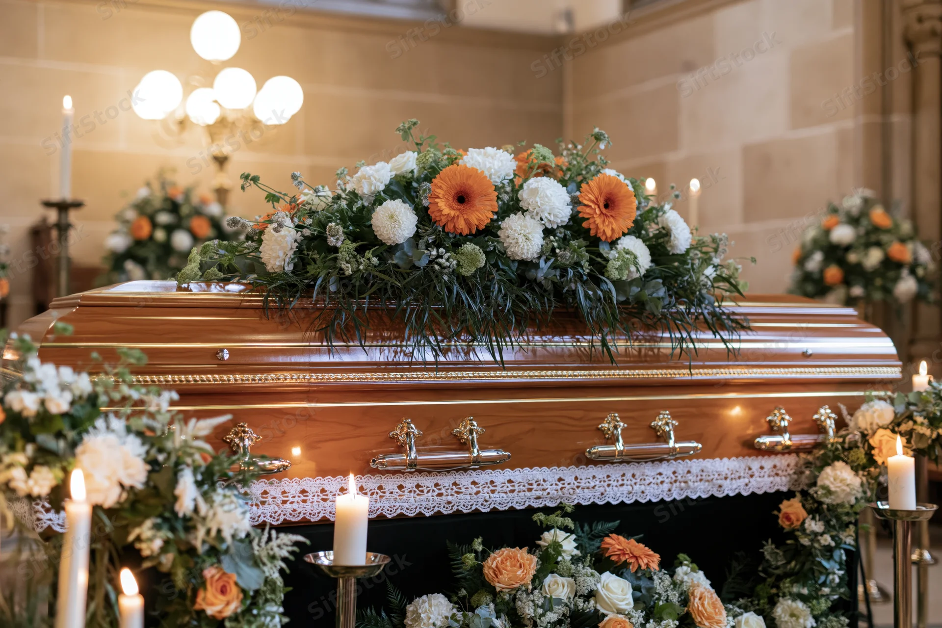 Polished wooden coffin with gold trim and white lace edging adorned with orange and white flowers in a church setting