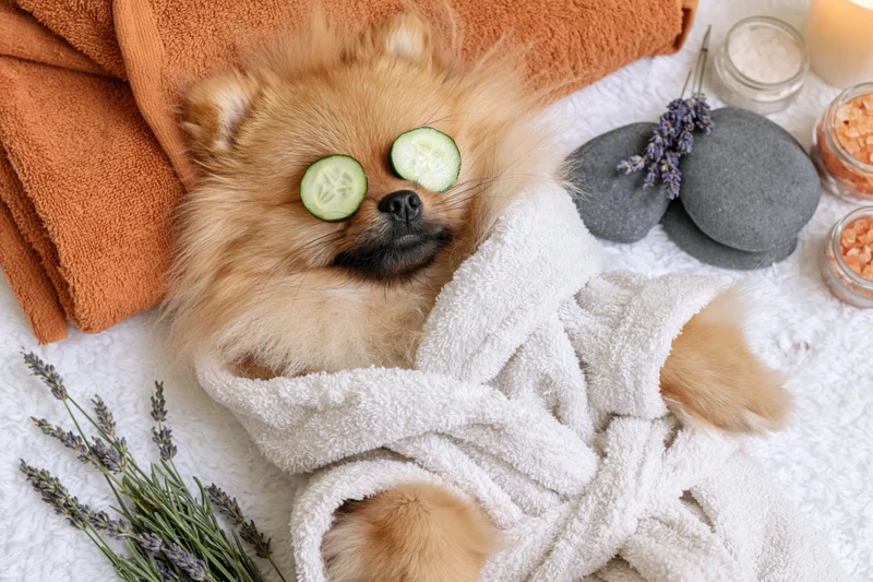 Pomeranian dog lying on back in white bathrobe with cucumber slices over eyes surrounded by lavender and spa items
