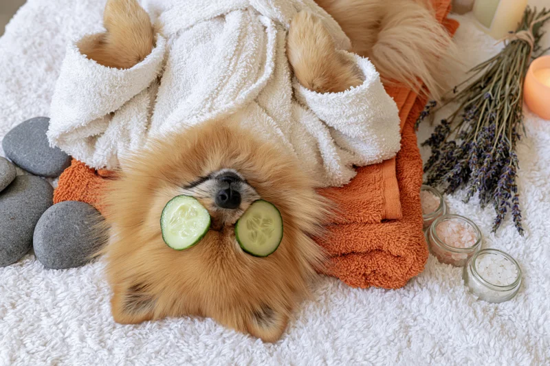Pomeranian dog lying on back with cucumber slices over eyes on towel surrounded by spa items