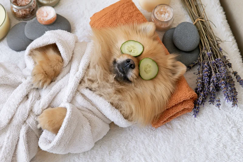 Pomeranian dog lying on back in white bathrobe with cucumber slices on eyes surrounded by lavender and spa stones