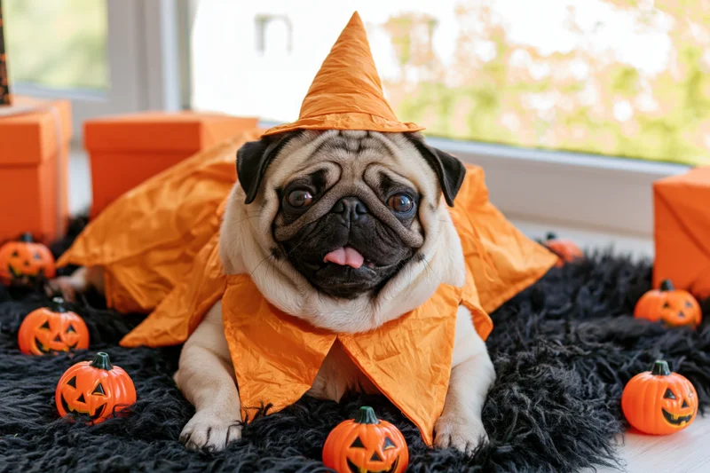 Pug dog lying on black rug in orange witch costume surrounded by pumpkins near window