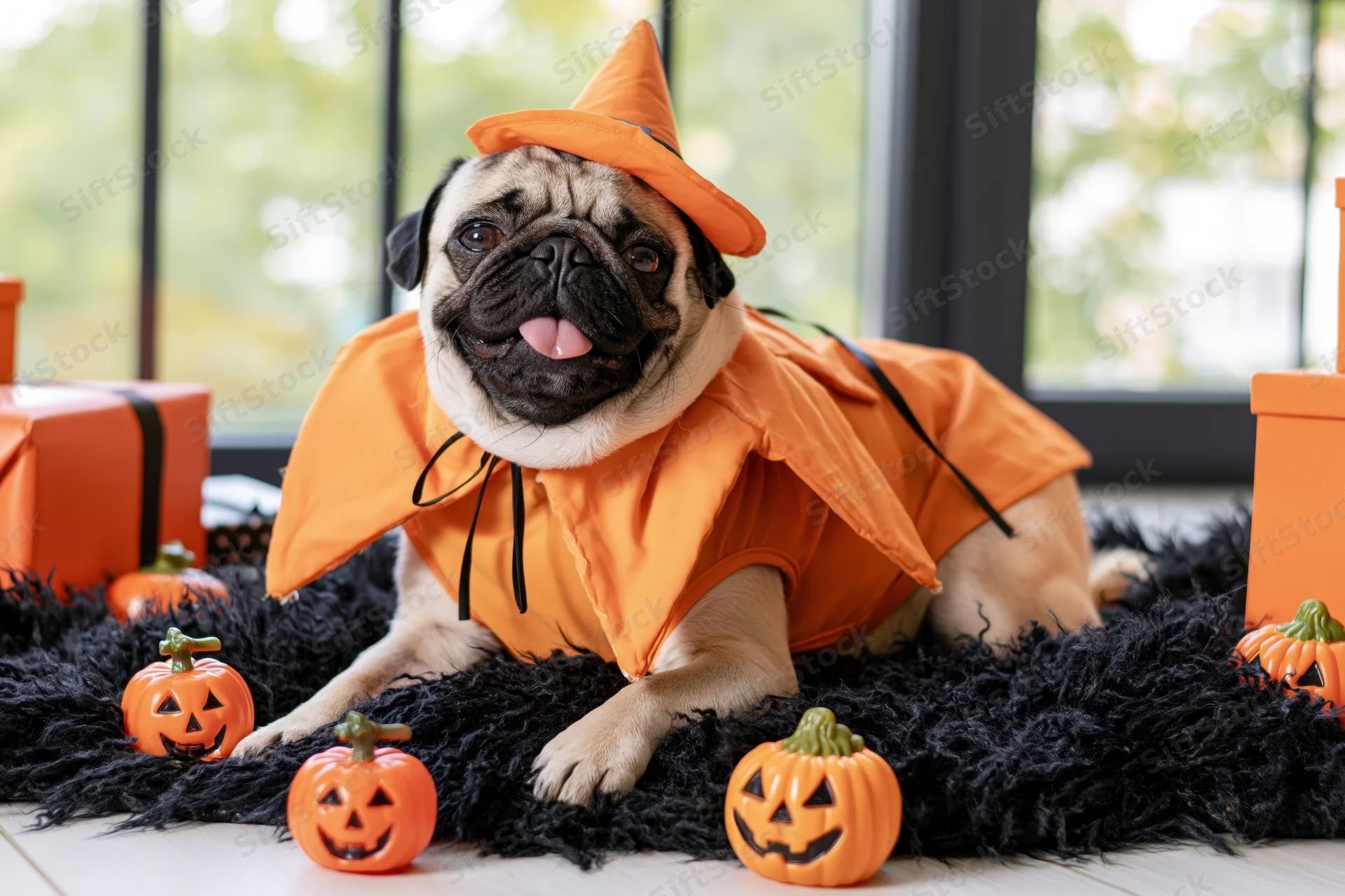 Pug dog lying on black rug in orange witch costume surrounded by pumpkins near window