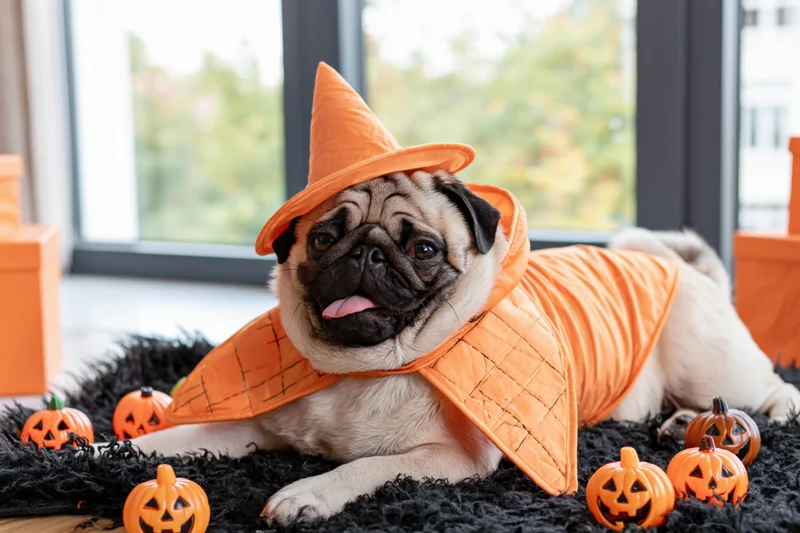 Pug dog lying on black rug in orange witch costume surrounded by small pumpkins near window