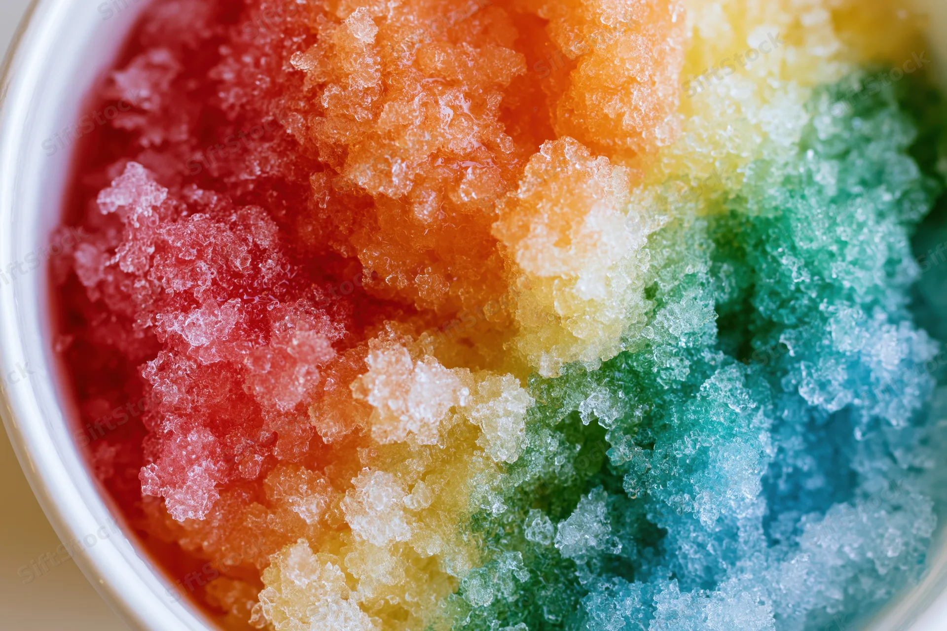 Rainbow shave ice in a white cup viewed from directly overhead
