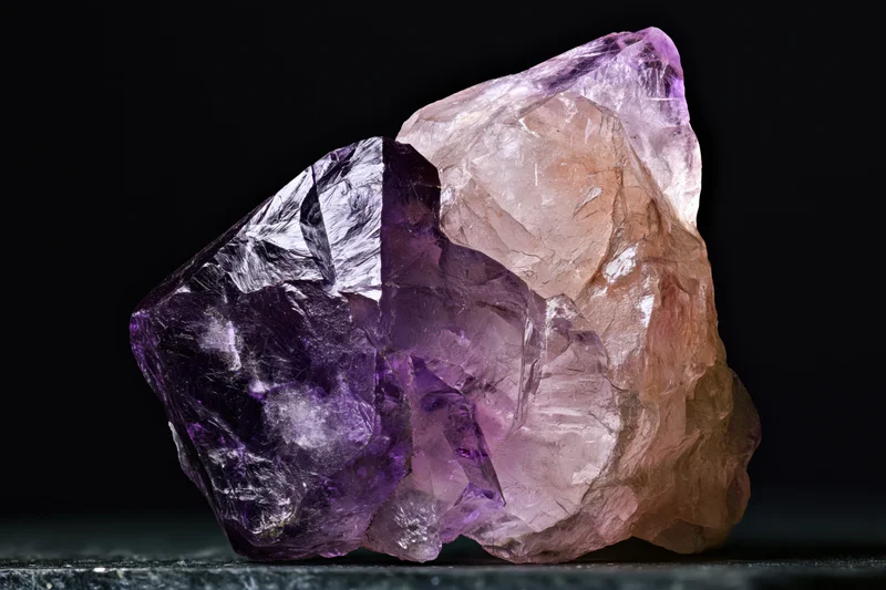 Raw amethyst crystal resting on dark surface against black background