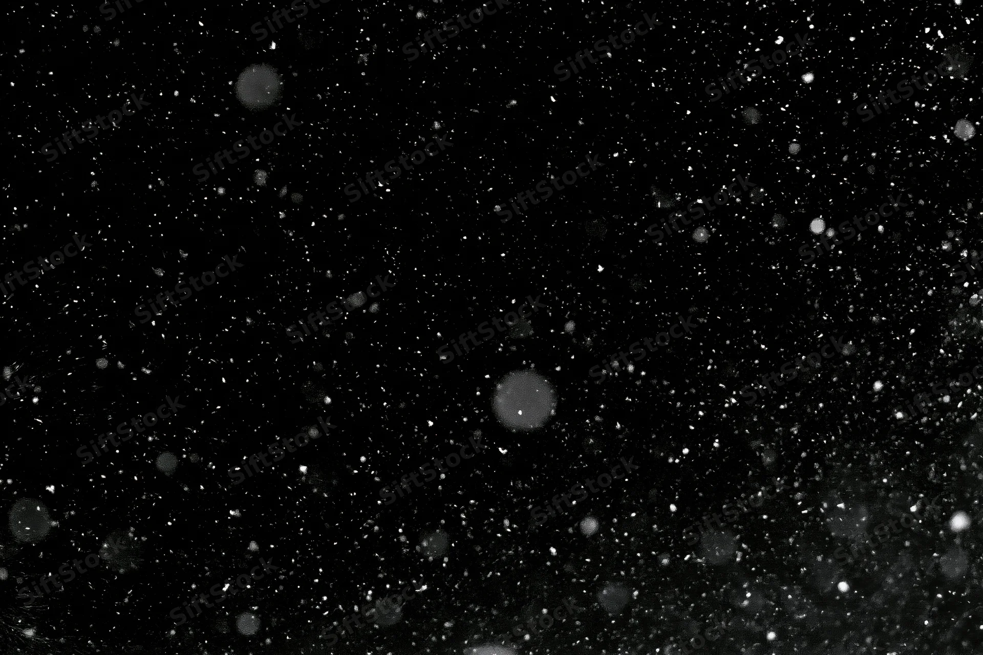 Snowflakes falling against a black night sky