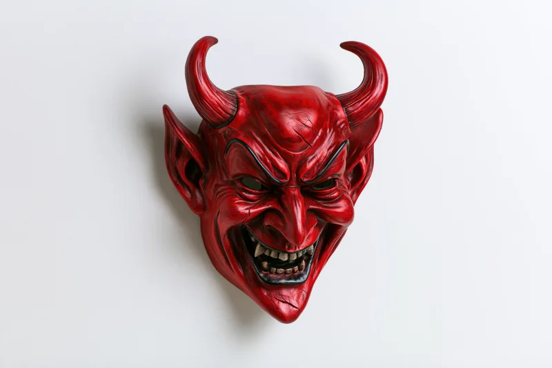 Red devil mask with horns and fangs mounted on white background