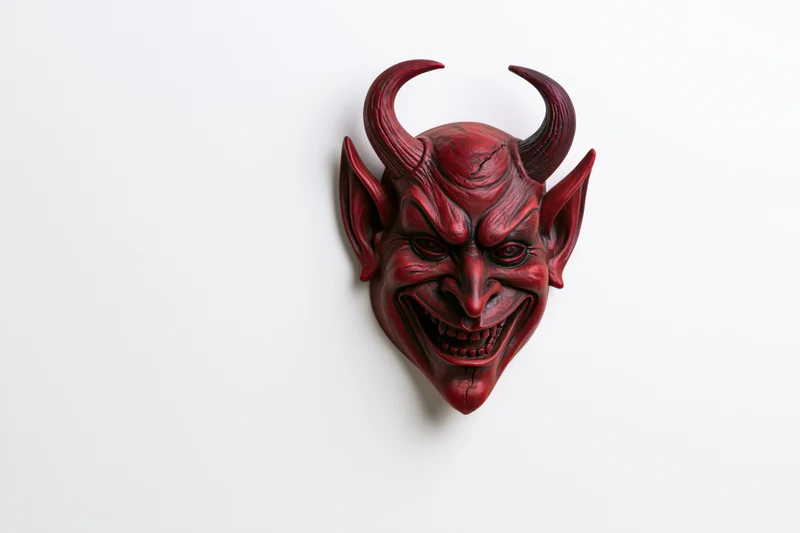 Red devil mask mounted on white wall with copyspace