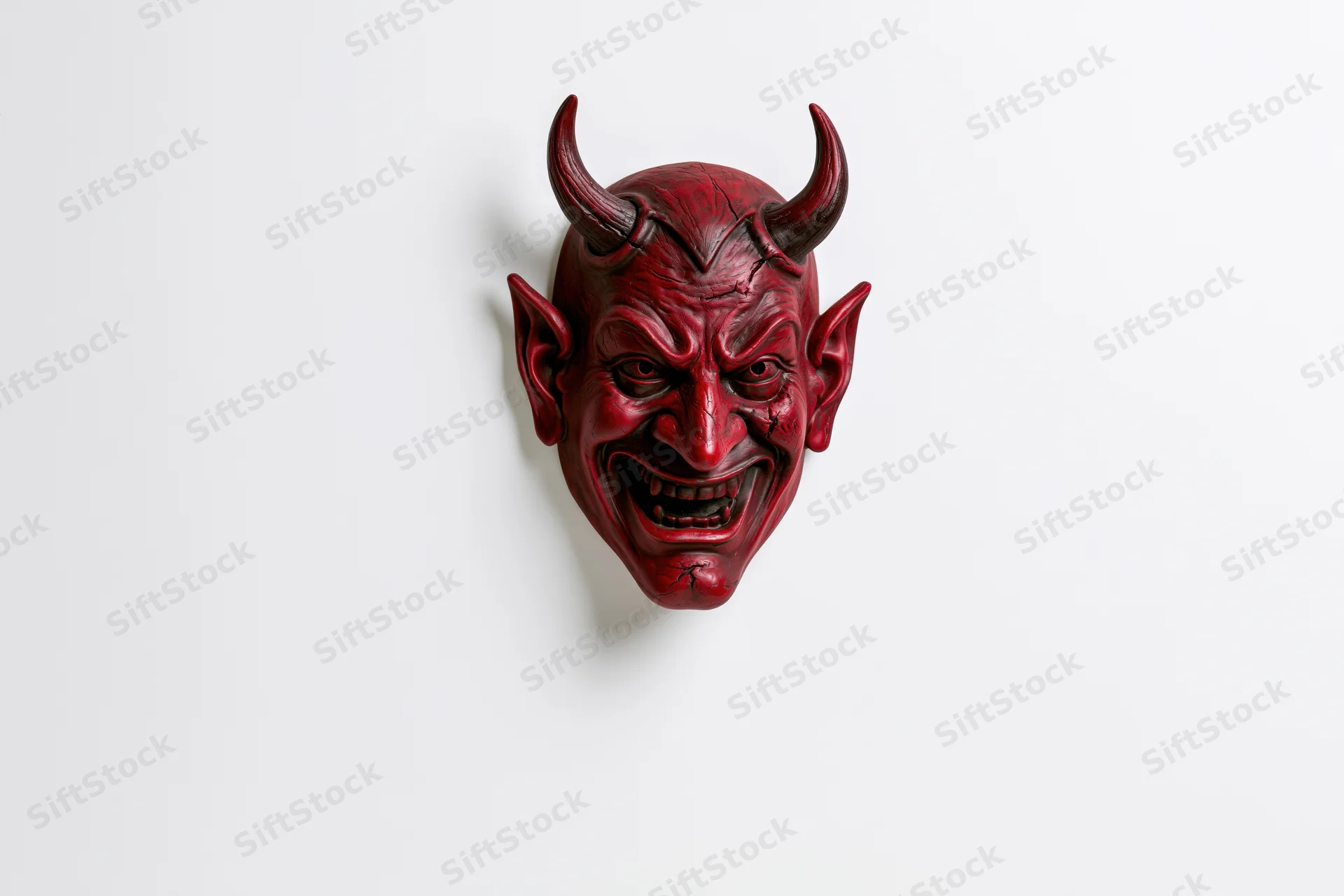 Red devil mask mounted on white wall