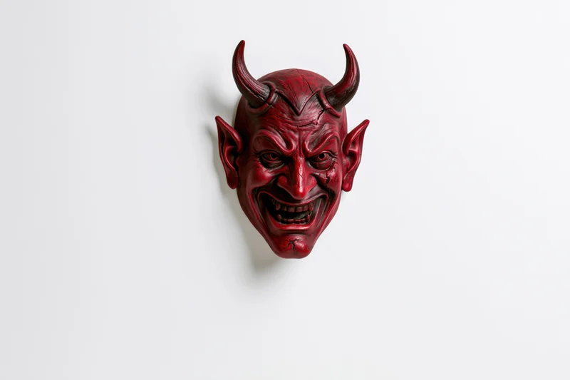 Red devil mask mounted on white wall