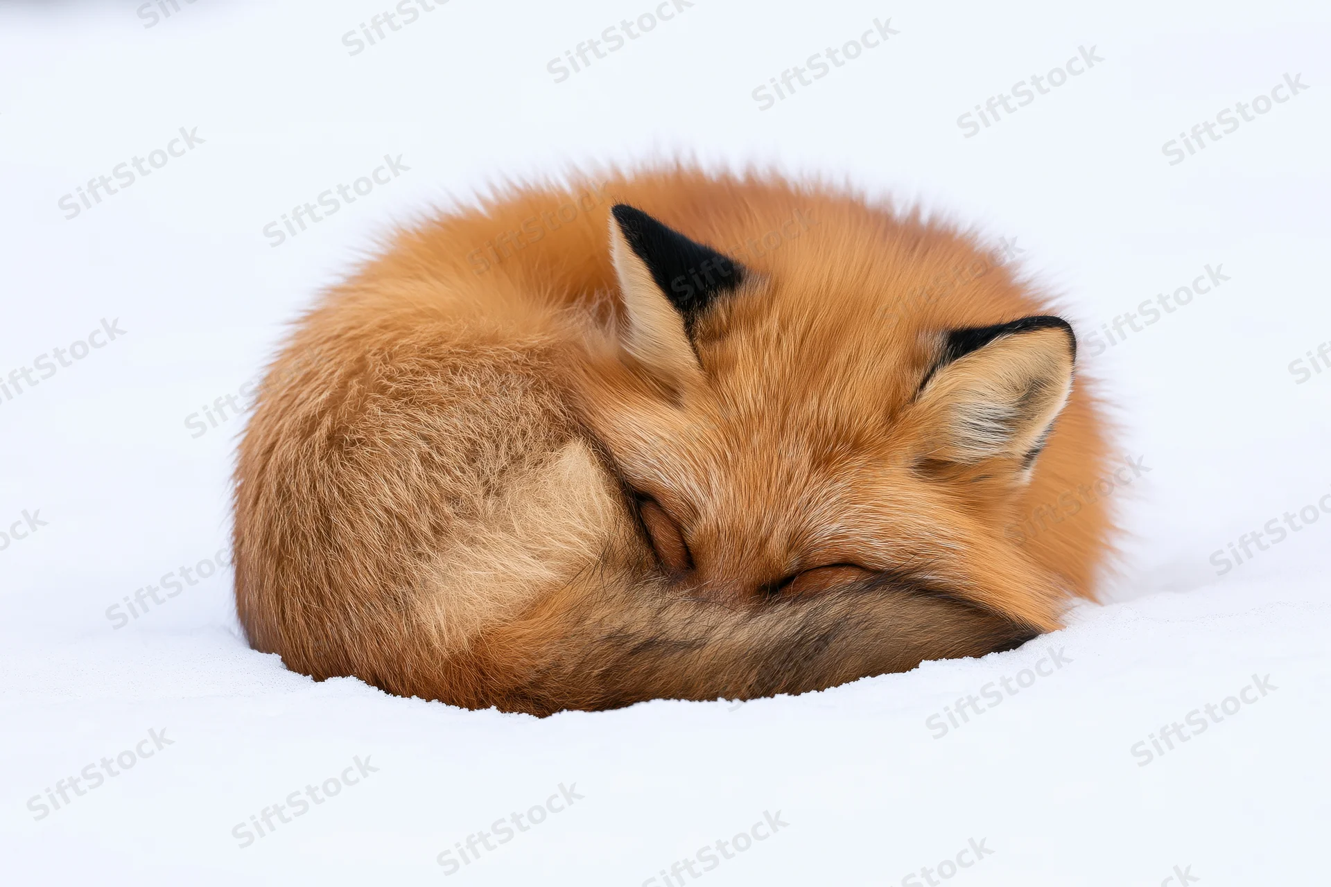 Red fox curled up sleeping with nose tucked into fluffy fur in snow