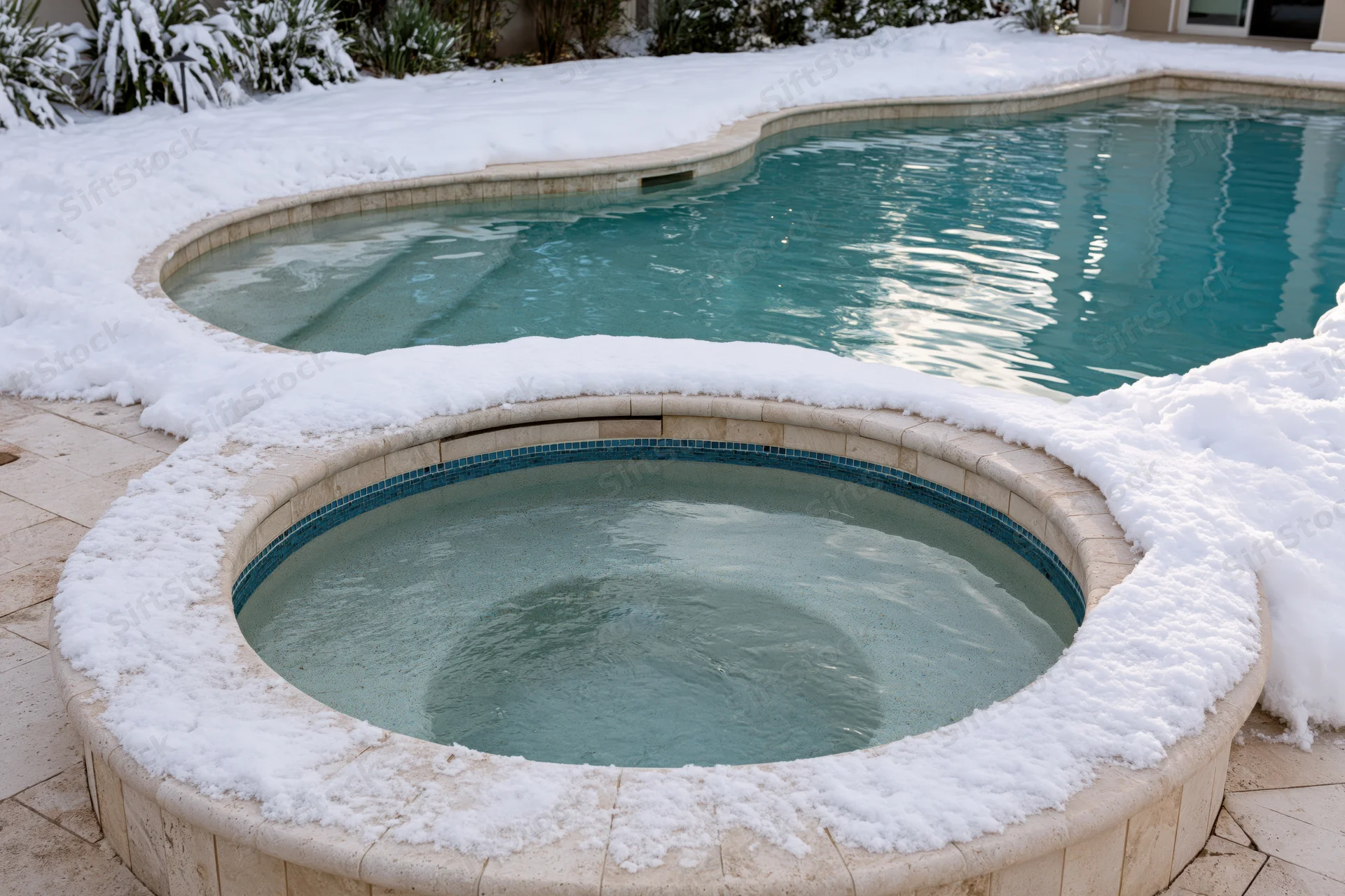 Snow-covered swimming pool and hot tub in a residential backyard with tiled edges and surrounding snowdrifts