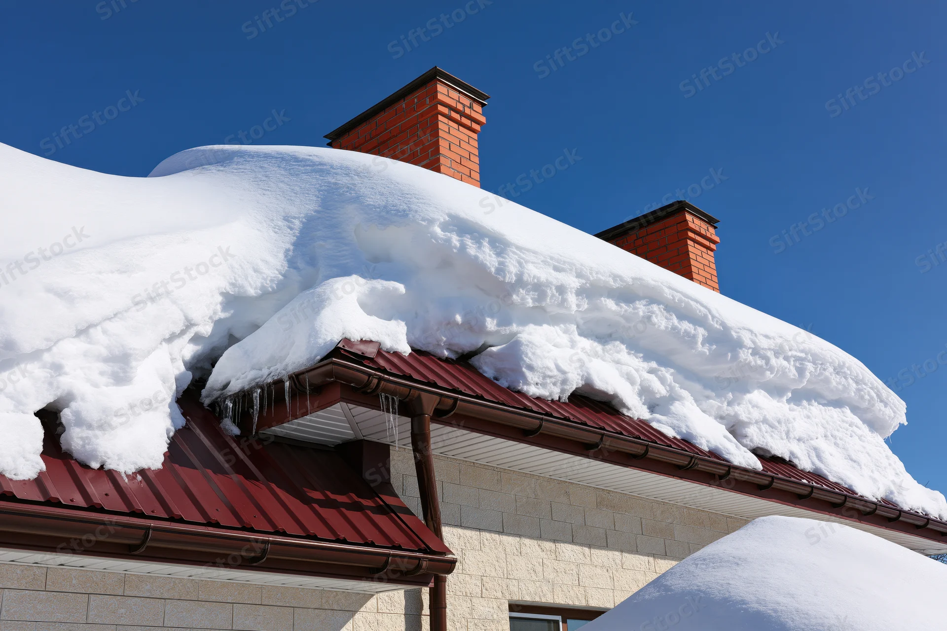 Snow-covered residential roof with heavy drifts and icicles on eaves under clear blue sky