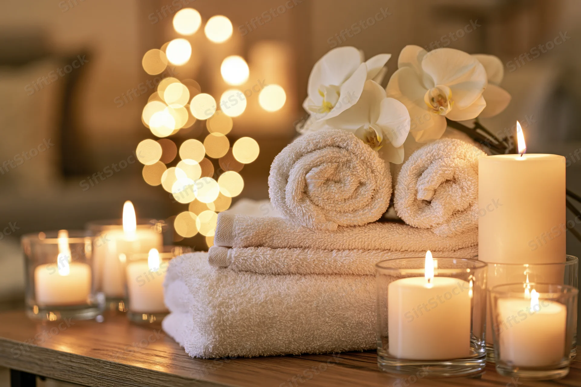 Rolled and folded white spa towels on a wooden table surrounded by lit candles and orchid flowers with warm bokeh lights in the background