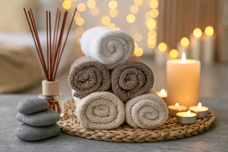Rolled spa towels in white and brown stacked on a woven mat with candles, reed diffuser, and stones nearby