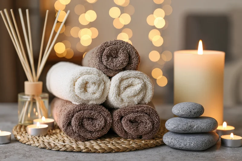 Rolled spa towels in white and brown stacked on a woven mat with candles and reed diffuser, ambient lighting in background