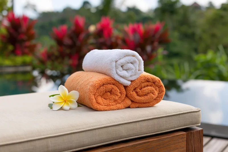 Rolled white and orange towels with a frangipani flower on a cushioned outdoor lounge chair near a garden