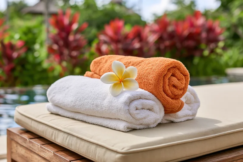 Rolled white and orange towels with a frangipani flower on a cushioned lounge by a poolside garden