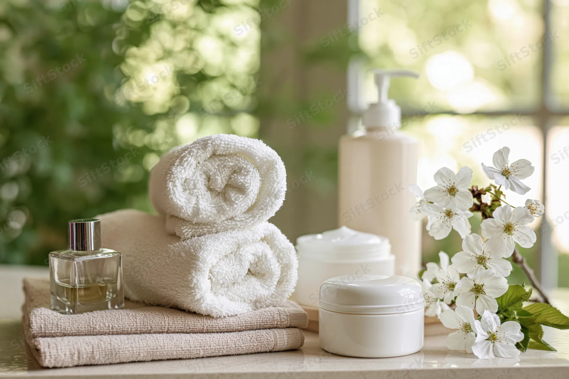 Rolled white towels stacked on beige towel with skincare products and cherry blossoms on bathroom counter