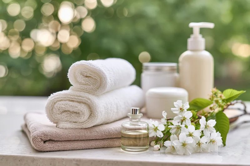 Rolled white towels stacked on beige towel with skincare products and cherry blossoms on stone surface outdoors