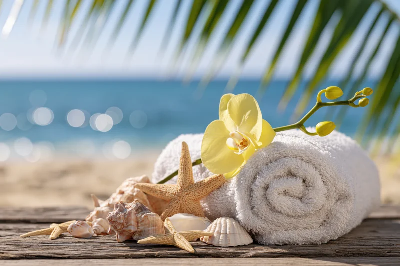 Rolled white towel with starfish and seashells on wooden deck by ocean under palm fronds