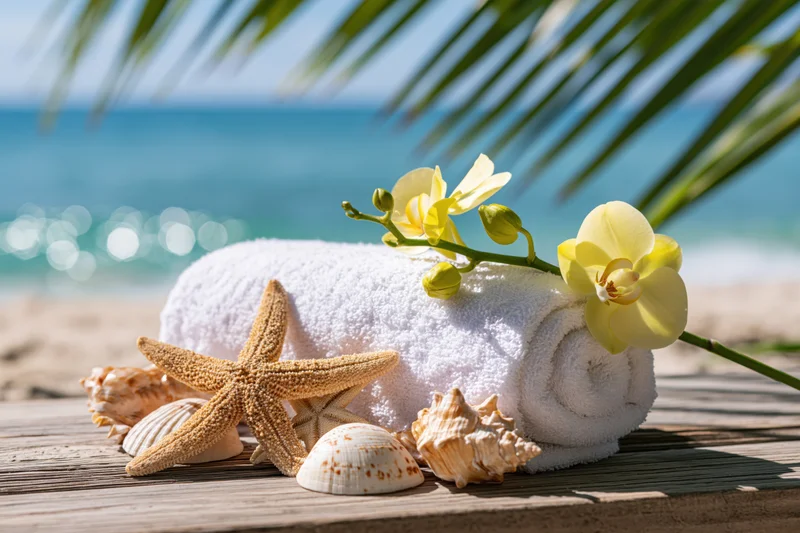 Rolled white towel with starfish and seashells on wooden surface by the beach