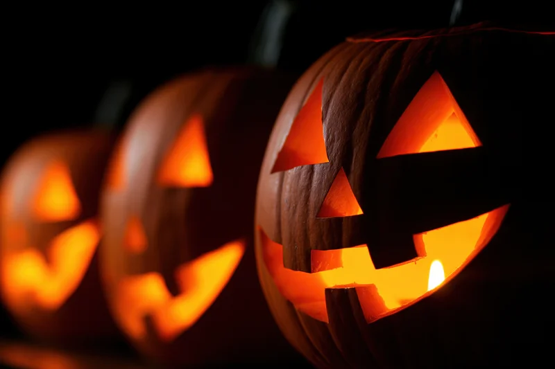 Row of carved pumpkins glowing with candlelight in darkness
