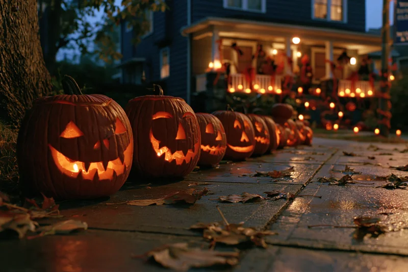 Row of carved jack-o-lanterns glowing on a suburban sidewalk at twilight