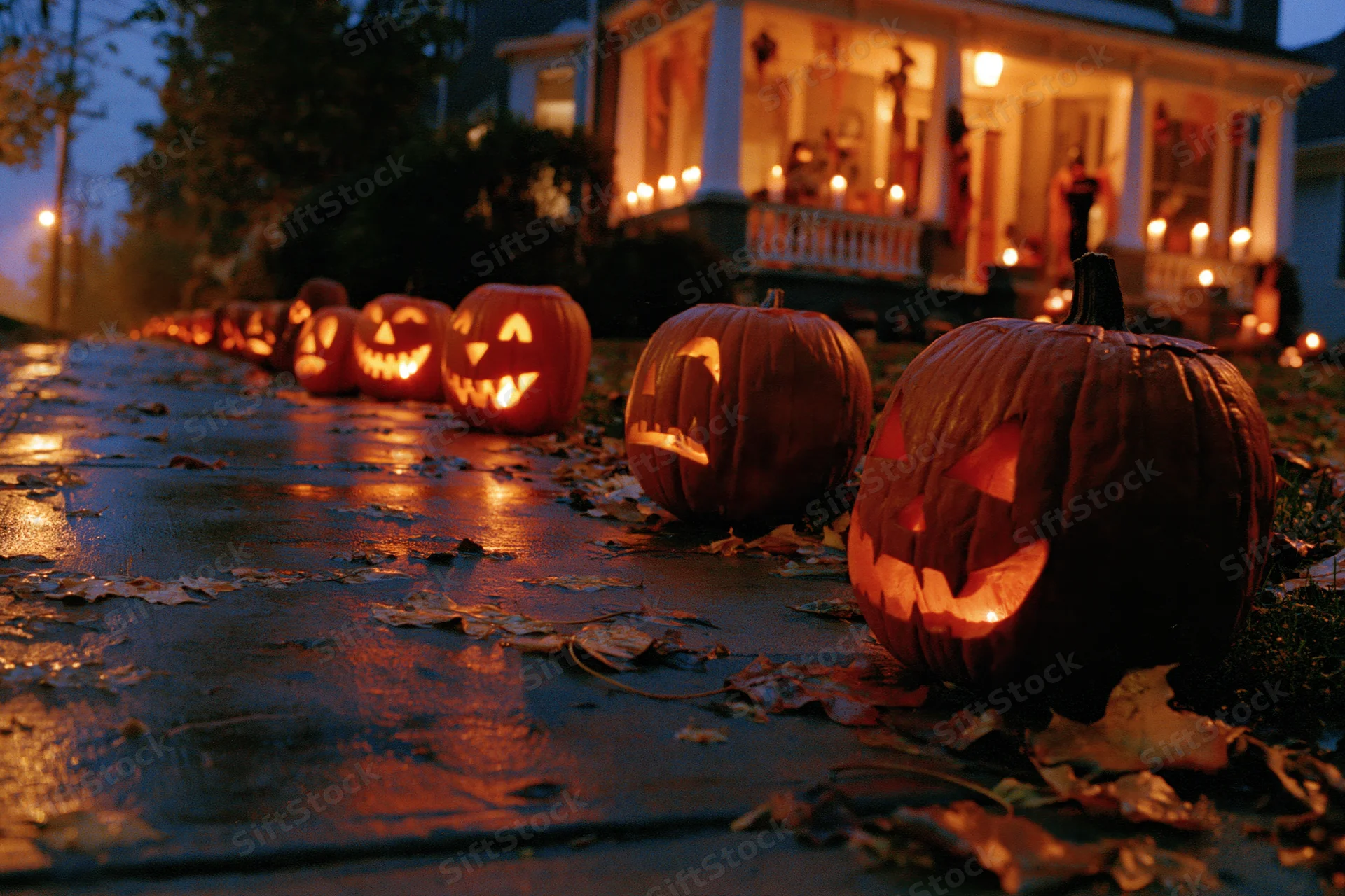 Row of carved jack-o-lanterns glowing along a wet suburban sidewalk at twilight near a decorated house
