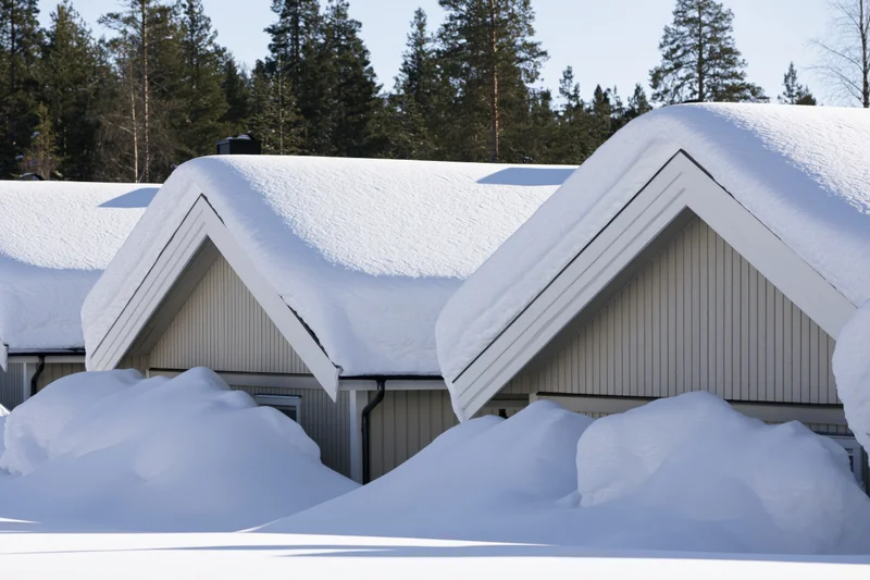Snow-covered scandinavian houses in a forested rural landscape