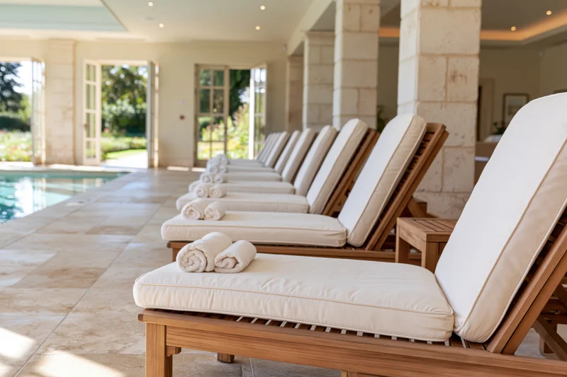 Row of wooden sun loungers with white cushions and rolled towels beside an indoor pool with garden view