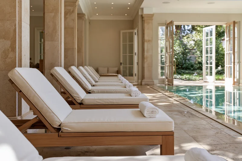 Row of wooden sun loungers with white cushions and rolled towels beside an indoor pool opening to a garden