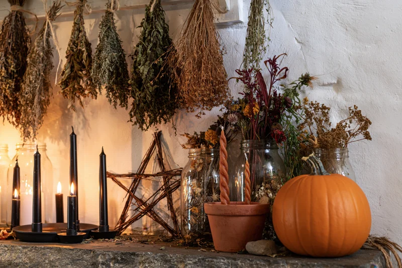 Rustic witchcraft altar shelf with burning black candles, dried herbs, pumpkin, and glass jars arranged on stone surface