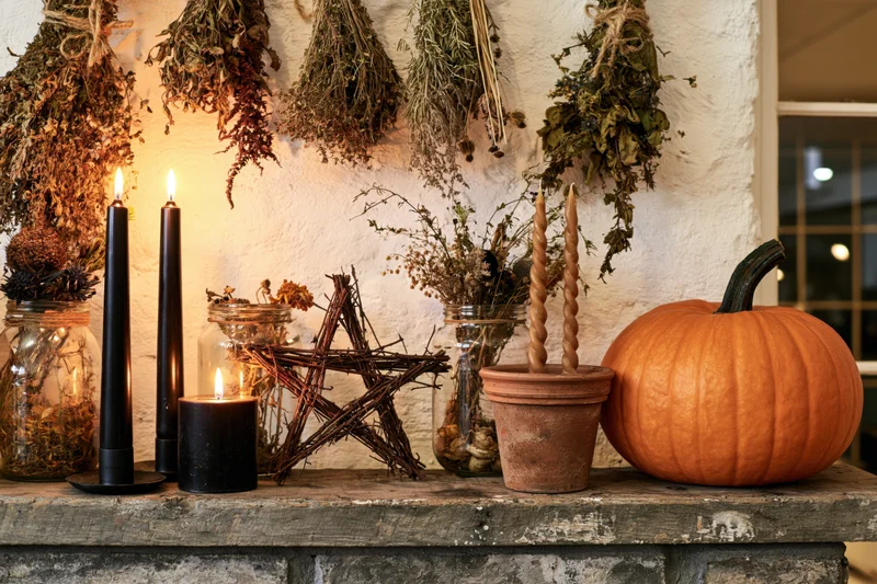 Rustic witchcraft altar shelf with burning black candles, dried herbs, pumpkin, and twig star decoration