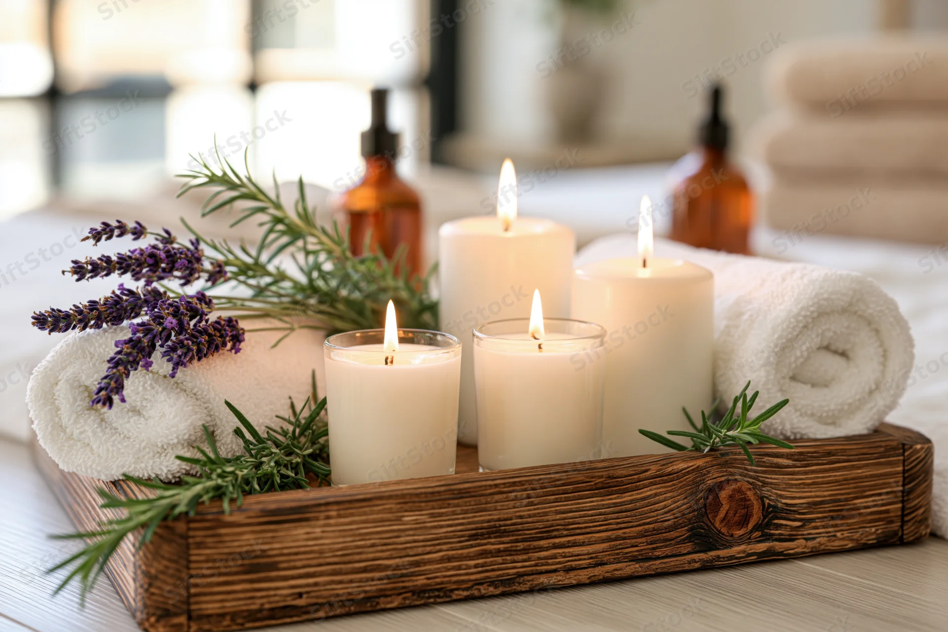 Lit candles and herbs on a wooden tray with towels in a spa setting
