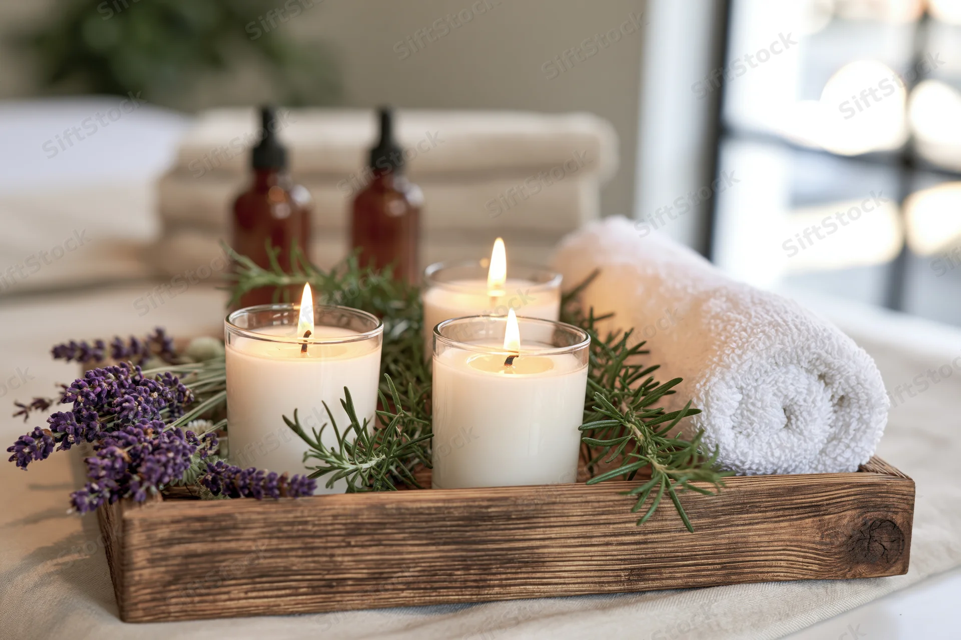 Lit candles with lavender and rosemary on a wooden tray beside a towel and essential oil bottles in a spa setting