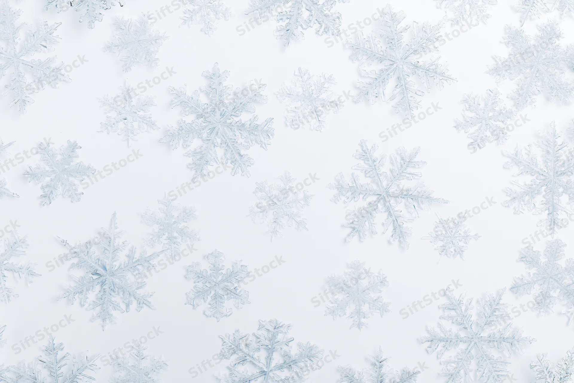 Scattered snowflakes floating on a white background